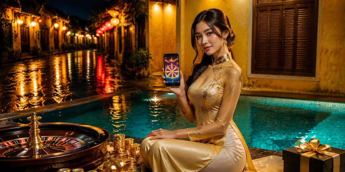 Người phụ nữ mặc áo dài tại Hội An tham gia chơi Roulette trực tuyến trong không gian sang trọng